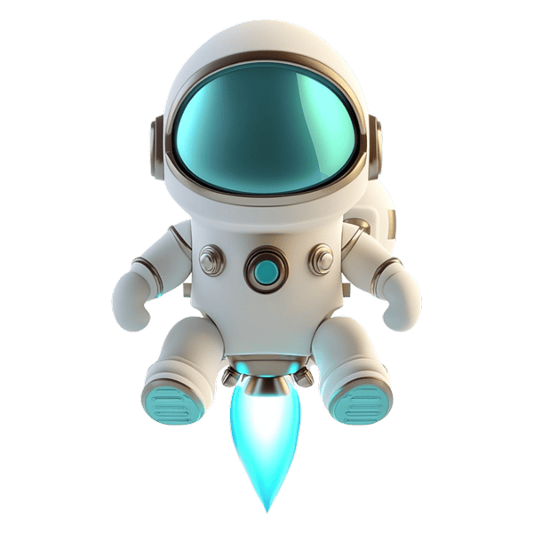 Dieses Bild zeigt einen cartoonartigen Astronauten in einem weißen Raumanzug mit blauem Visier, der nach oben fliegt.