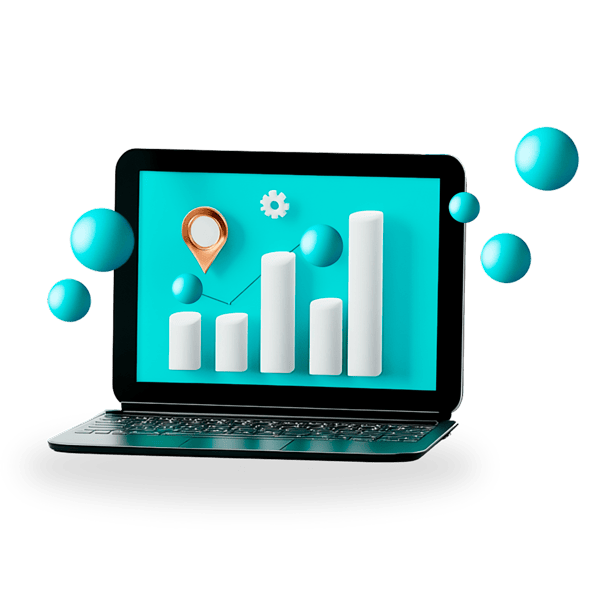 Diese Illustration zeigt einen Laptop mit einem cyanfarbenen Bildschirm, auf dem ein weißes Balkendiagramm mit steigenden Werten dargestellt ist.