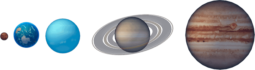 Dieses Bild zeigt eine Reihe von fünf Planeten unterschiedlicher Größe und Farbe.