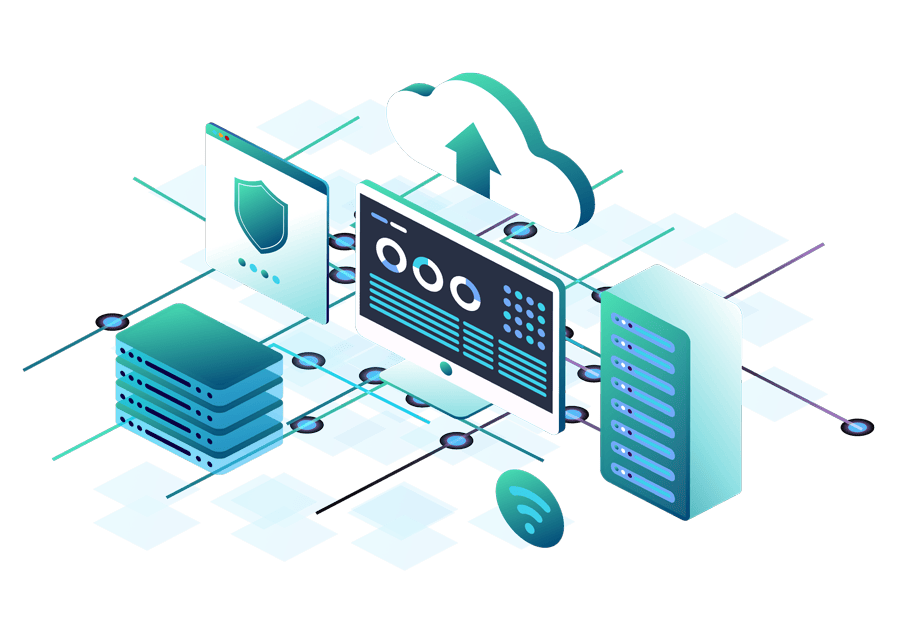 Diese Illustration zeigt ein Cloud-Sicherheitssystem mit verbundenen digitalen Komponenten.