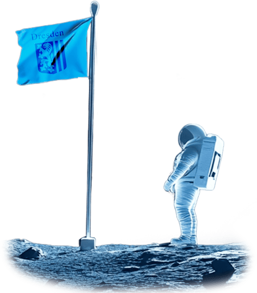 Das Bild zeigt einen Astronauten, der eine Fahne auf einen Planeten gehisst hat und dient als Cover der Seite „Brand Design und Markenkommunikation mit Branding-Agentur aus Dresden“.