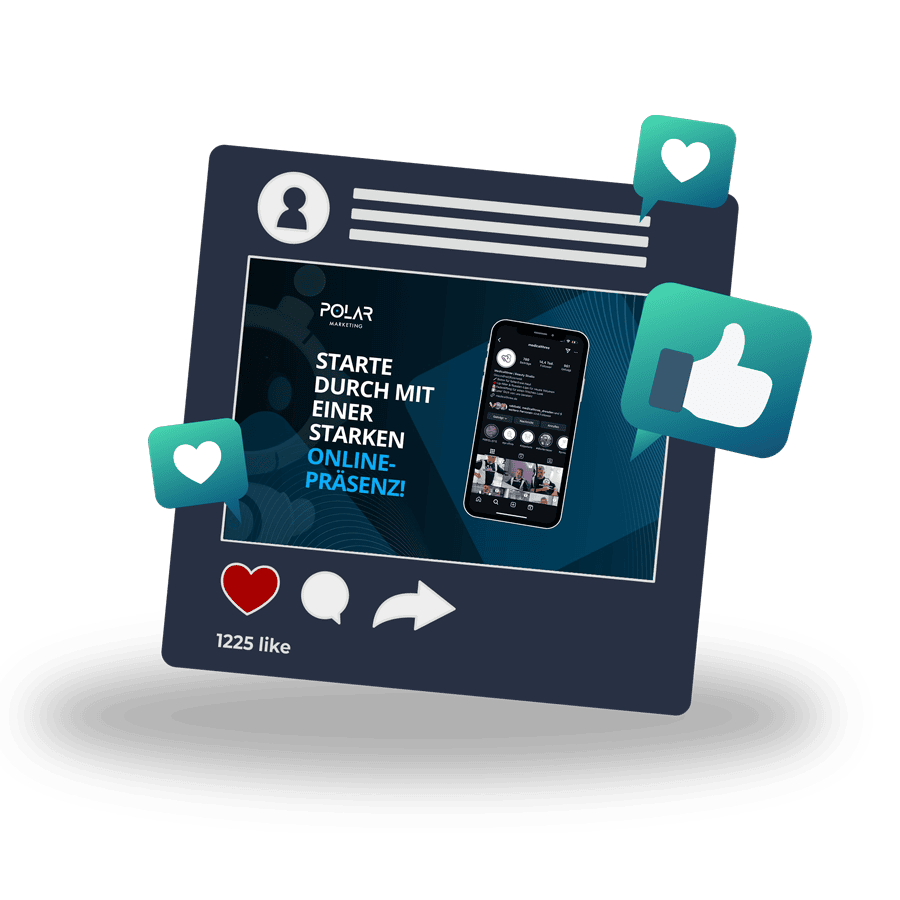 Das Bild zeigt einen Social-Media-Post, umgeben von Herz-Symbolen und verdeutlicht das Seitenthema „Social Media Marketing (SMM)“.