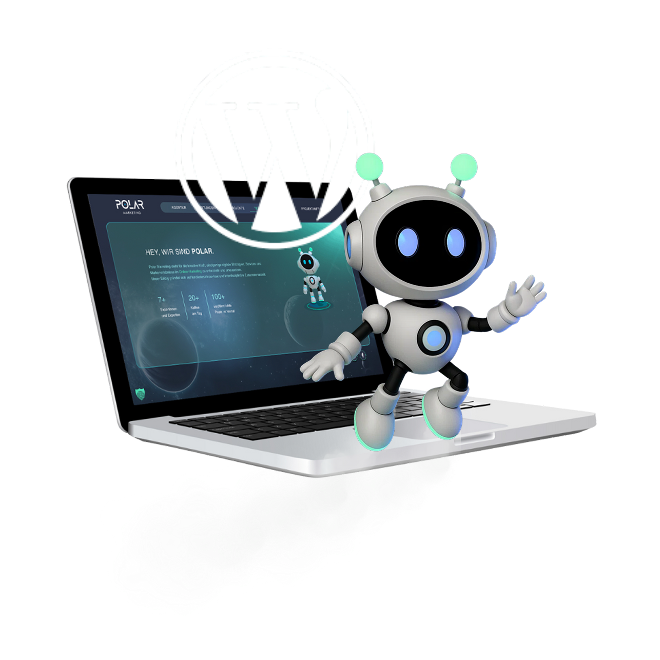 Das Bild zeigt das WordPress-Logo umgeben von Icons und verdeutlicht das Thema Website-Migration.